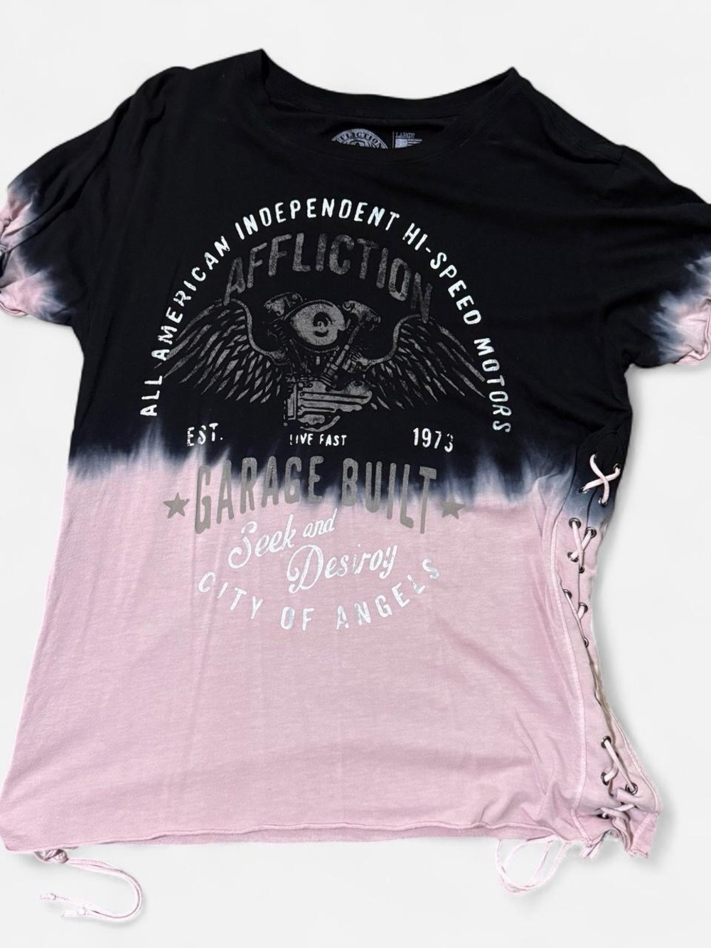 Affliction Women's Black & Pink Dip-Dye Lace-Up Graphic Tee